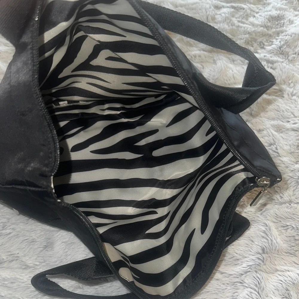 Bath & Body Works Black Nylon Tote Bag Zebra Print Lining Zip Top Shoulder Bag